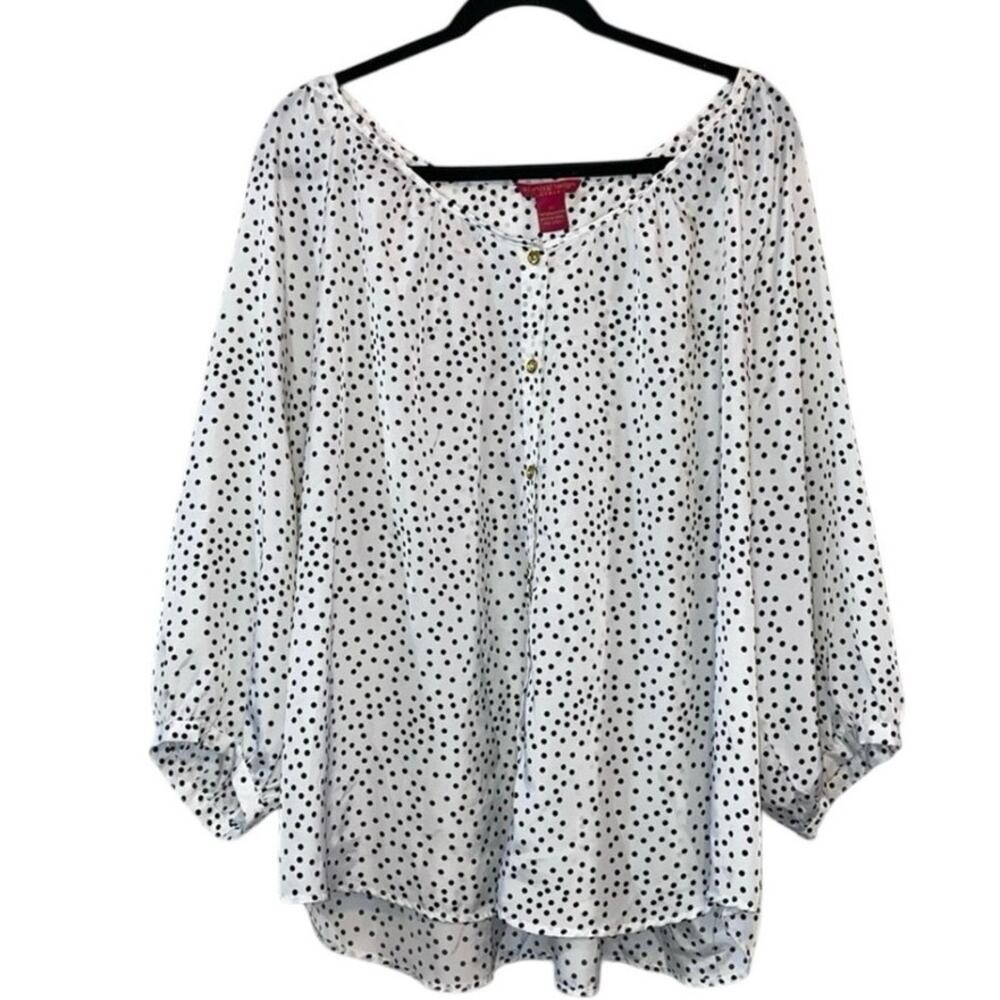 Sunny Leigh White & Black Polka Dot Button Down Flowy Blouse 2X